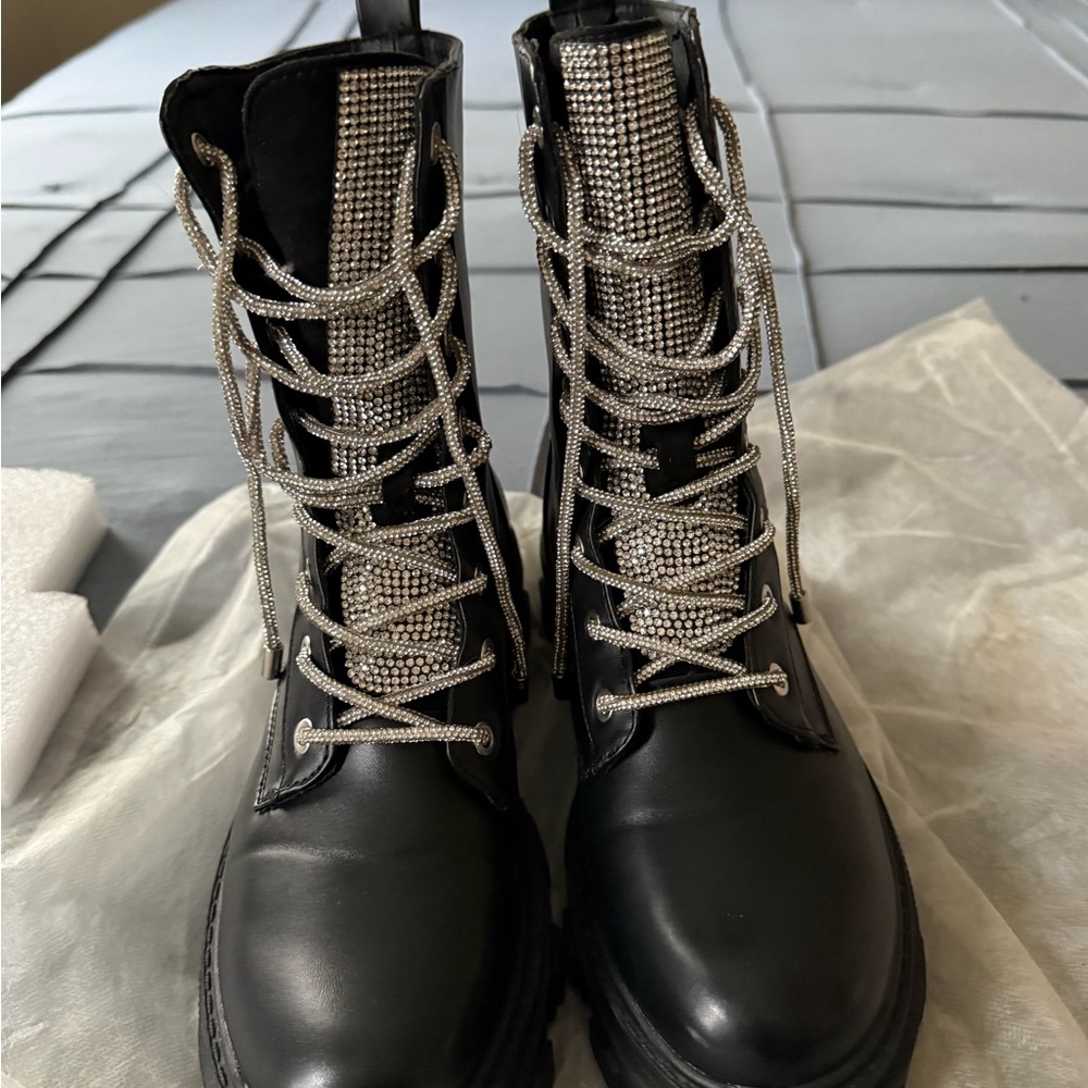iHeartRaves Shimmering Black Lace-Up Boots